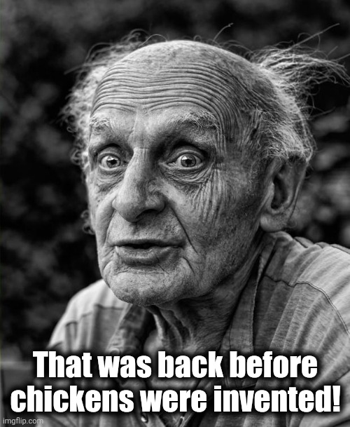 Old man | That was back before chickens were invented! | image tagged in old man | made w/ Imgflip meme maker