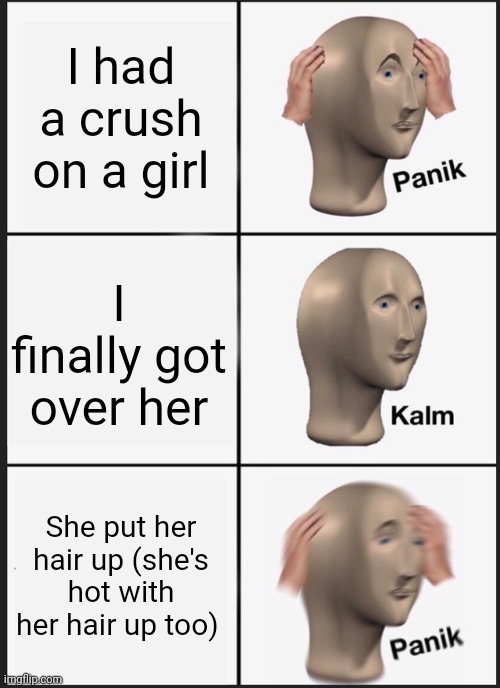 Sad but true :( | I had a crush on a girl; I finally got over her; She put her hair up (she's hot with her hair up too) | image tagged in memes,panik kalm panik,love,crush | made w/ Imgflip meme maker
