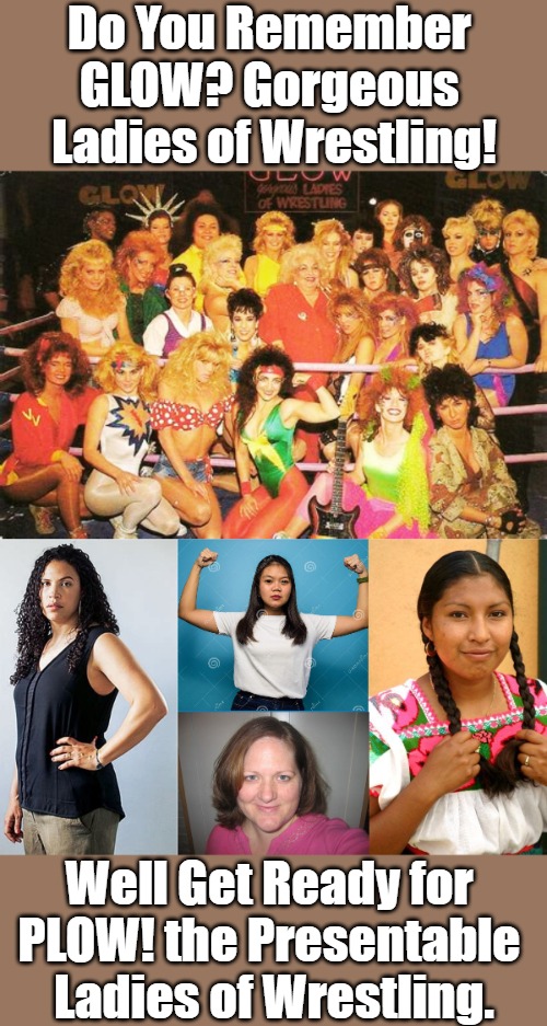 Rasslin' with the Lay-dehs | Do You Remember 
GLOW? Gorgeous 
Ladies of Wrestling! Well Get Ready for 
PLOW! the Presentable 
Ladies of Wrestling. | image tagged in wrestling,pro wrestling,women wrestling,puns,eyeroll,acronyms | made w/ Imgflip meme maker