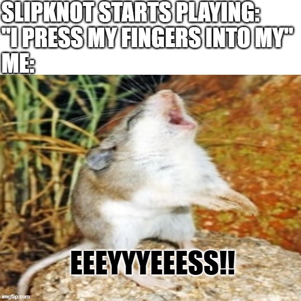 EYES! | SLIPKNOT STARTS PLAYING:

"I PRESS MY FINGERS INTO MY"
ME:; EEEYYYEEESS!! | image tagged in slipknot,funny,music,singing | made w/ Imgflip meme maker