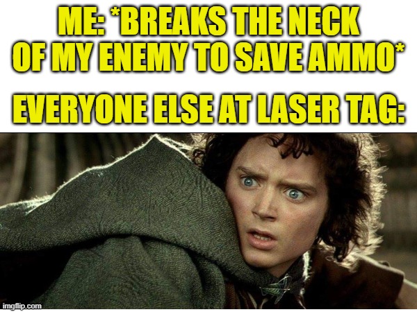 ME: *BREAKS THE NECK OF MY ENEMY TO SAVE AMMO*; EVERYONE ELSE AT LASER TAG: | image tagged in lotr,lord of the rings,the lord of the rings,surpised frodo | made w/ Imgflip meme maker