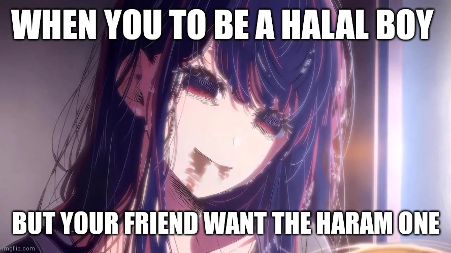 Hala boy sufferings | WHEN YOU TO BE A HALAL BOY; BUT YOUR FRIEND WANT THE HARAM ONE | image tagged in anime meme,halal | made w/ Imgflip meme maker