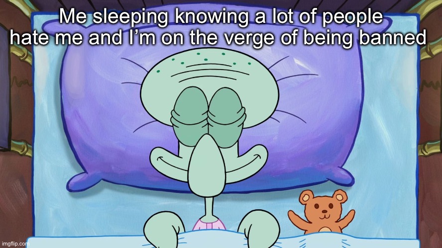 squidward sleeping peacefully | Me sleeping knowing a lot of people hate me and I’m on the verge of being banned | image tagged in squidward sleeping peacefully | made w/ Imgflip meme maker