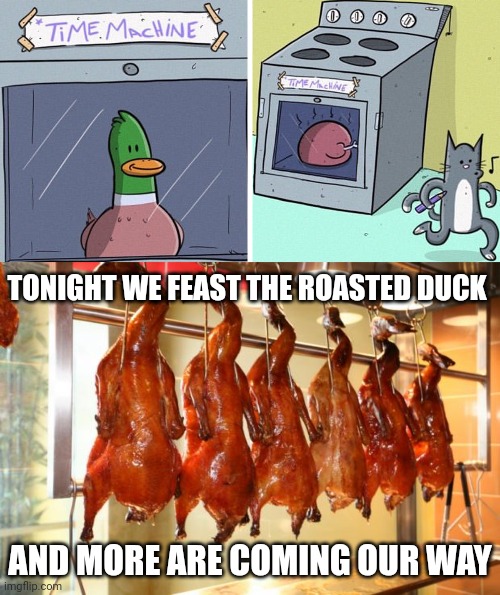 Roasted duck | TONIGHT WE FEAST THE ROASTED DUCK; AND MORE ARE COMING OUR WAY | image tagged in roast duck,duck,time machine,dark humor,comic,memes | made w/ Imgflip meme maker