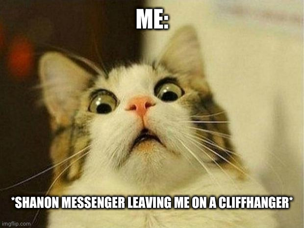 Scared Cat Meme | ME:; *SHANON MESSENGER LEAVING ME ON A CLIFFHANGER* | image tagged in memes,scared cat | made w/ Imgflip meme maker