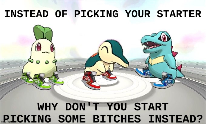 Nah bro, lemme choose Cyndaquil and I will be on my way... | INSTEAD OF PICKING YOUR STARTER; WHY DON'T YOU START PICKING SOME BITCHES INSTEAD? | image tagged in johto starters but its the among us drip,pokemon,memes,fun,no bitches,funny memes | made w/ Imgflip meme maker