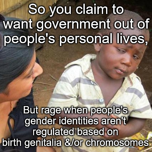 Third World Skeptical Kid Meme | So you claim to want government out of people's personal lives, But rage when people's gender identities aren't regulated based on birth genitalia &/or chromosomes | image tagged in third world skeptical kid,libertarian,bigots,transgender,lgbtq | made w/ Imgflip meme maker
