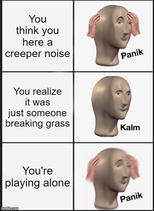 Creepers vs Grass Block | You think you here a creeper noise; You realize it was just someone breaking grass; You're playing alone | image tagged in memes,panik kalm panik | made w/ Imgflip meme maker