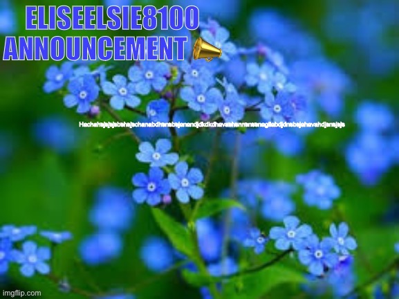 EliseElsie8100 Announcement | Hachahsjsjsjsbshsjschanabdhsnsbsjanandjdkdkdhavashsnnsnssnagilabdjdnsbsjahavahdjsnsjsjs | image tagged in eliseelsie8100 announcement | made w/ Imgflip meme maker