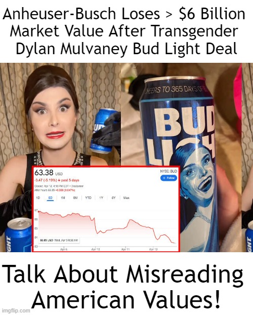 'The Radical Agenda' is Not Supported By Most Americans | Anheuser-Busch Loses > $6 Billion 
Market Value After Transgender 
Dylan Mulvaney Bud Light Deal; Talk About Misreading 
American Values! | image tagged in politics,democrats,agenda,bud light,americans,rejected | made w/ Imgflip meme maker