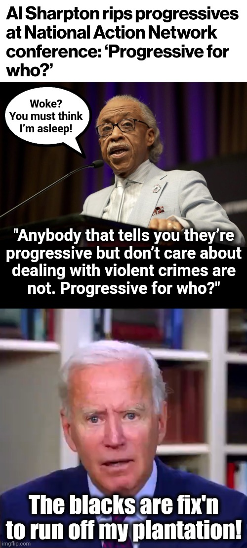 When democrats have lost Al F**king Sharpton, they're in trouble! | Woke? You must think I’m asleep! "Anybody that tells you they’re
progressive but don’t care about
dealing with violent crimes are
not. Progressive for who?"; The blacks are fix'n to run off my plantation! | image tagged in slow joe biden dementia face,al sharpton,democrats,woke,crime,democrat plantation | made w/ Imgflip meme maker