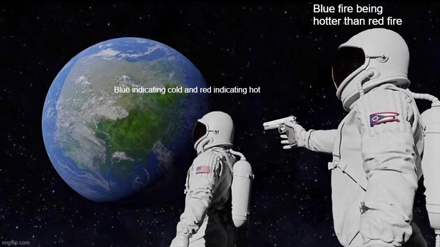 But that no make sense | Blue fire being hotter than red fire; Blue indicating cold and red indicating hot | image tagged in memes,always has been | made w/ Imgflip meme maker