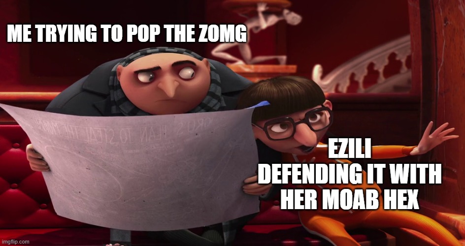 Vector explaining to Gru | ME TRYING TO POP THE ZOMG; EZILI DEFENDING IT WITH HER MOAB HEX | image tagged in vector explaining to gru | made w/ Imgflip meme maker