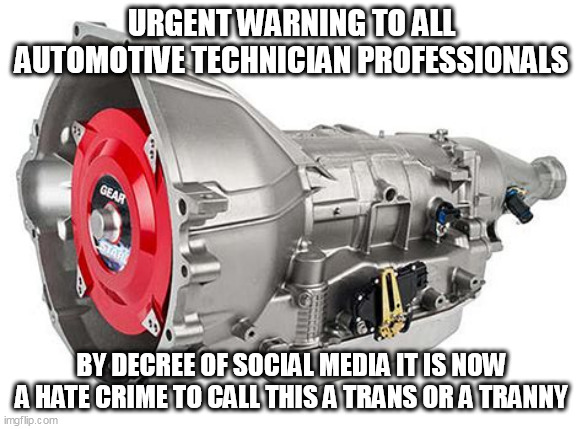 Gonna ban this too? | URGENT WARNING TO ALL AUTOMOTIVE TECHNICIAN PROFESSIONALS; BY DECREE OF SOCIAL MEDIA IT IS NOW A HATE CRIME TO CALL THIS A TRANS OR A TRANNY | image tagged in free speech,mechanic,tyranny | made w/ Imgflip meme maker