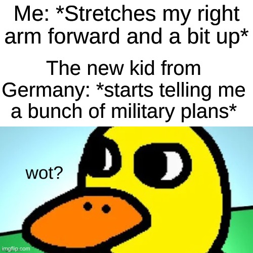 If you know, you know | Me: *Stretches my right arm forward and a bit up*; The new kid from Germany: *starts telling me a bunch of military plans* | image tagged in wot,memes,oh wow are you actually reading these tags,barney will eat all of your delectable biscuits,duck | made w/ Imgflip meme maker