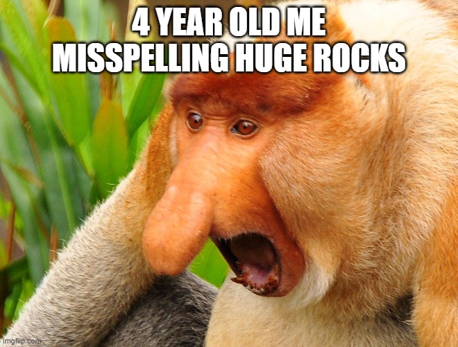 Nosacz | 4 YEAR OLD ME MISSPELLING HUGE ROCKS | image tagged in nosacz | made w/ Imgflip meme maker