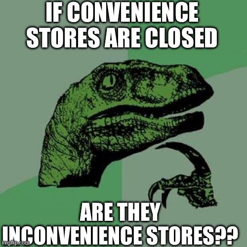 Philosoraptor | IF CONVENIENCE STORES ARE CLOSED; ARE THEY INCONVENIENCE STORES?? | image tagged in memes,philosoraptor | made w/ Imgflip meme maker