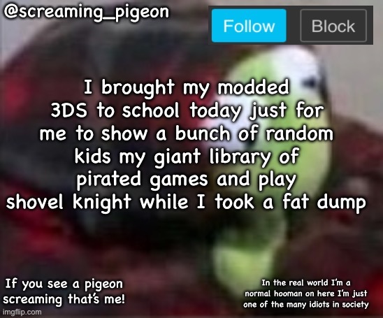 something idk | I brought my modded 3DS to school today just for me to show a bunch of random kids my giant library of pirated games and play shovel knight while I took a fat dump | image tagged in something idk | made w/ Imgflip meme maker