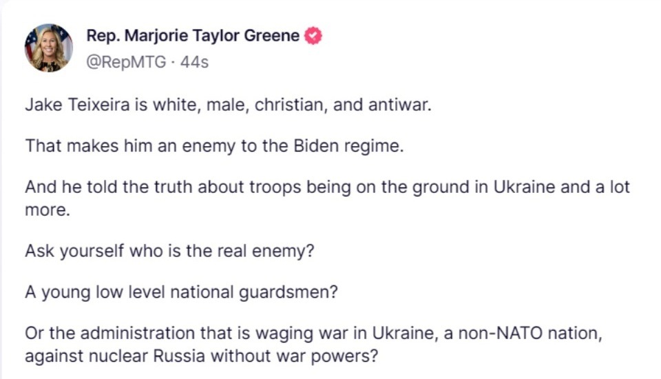 Ask yourself who is the real enemy? | image tagged in mtg,marjorie taylor greene,illegal war,war powers act,unconstitutional,biden war crimes | made w/ Imgflip meme maker