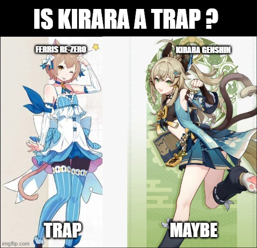 Is Kiara a Trap ?? | IS KIRARA A TRAP ? FERRIS RE-ZERO; KIRARA GENSHIN; TRAP; MAYBE | made w/ Imgflip meme maker