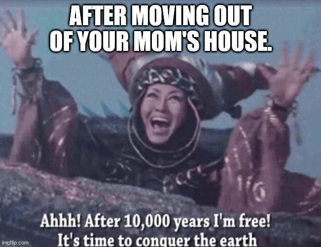 MMPR Rita Repulsa After 10,000 years I'm free | AFTER MOVING OUT OF YOUR MOM'S HOUSE. | image tagged in mmpr rita repulsa after 10 000 years i'm free | made w/ Imgflip meme maker