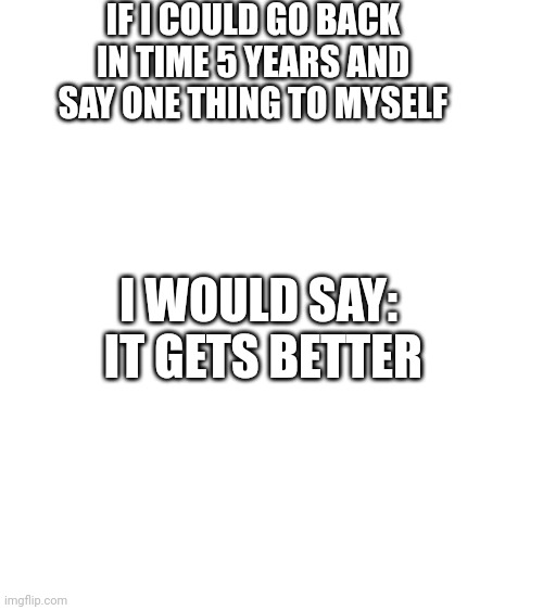 I'll have something more wonky next time I swear | IF I COULD GO BACK IN TIME 5 YEARS AND SAY ONE THING TO MYSELF; I WOULD SAY:
 IT GETS BETTER | image tagged in heart warming,wholesome | made w/ Imgflip meme maker