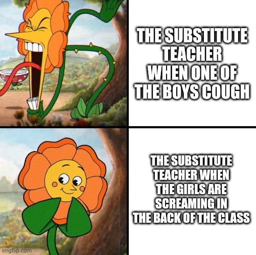 Bruh | THE SUBSTITUTE TEACHER WHEN ONE OF THE BOYS COUGH; THE SUBSTITUTE TEACHER WHEN THE GIRLS ARE SCREAMING IN THE BACK OF THE CLASS | image tagged in angry flower,teacher | made w/ Imgflip meme maker