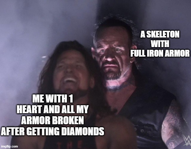 COME ON!!! | A SKELETON WITH FULL IRON ARMOR; ME WITH 1 HEART AND ALL MY ARMOR BROKEN AFTER GETTING DIAMONDS | image tagged in undertaker | made w/ Imgflip meme maker