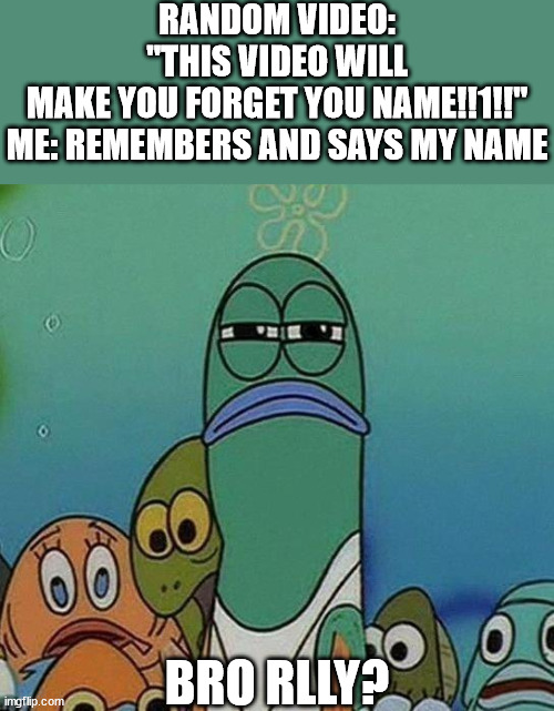 SpongeBob | RANDOM VIDEO: "THIS VIDEO WILL MAKE YOU FORGET YOU NAME!!1!!"
ME: REMEMBERS AND SAYS MY NAME; BRO RLLY? | image tagged in spongebob | made w/ Imgflip meme maker