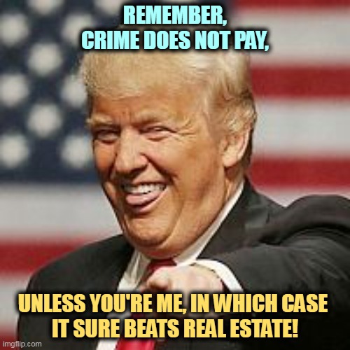 Crime pays, but you have to send out a lot of begging emails first. | REMEMBER, CRIME DOES NOT PAY, UNLESS YOU'RE ME, IN WHICH CASE 
IT SURE BEATS REAL ESTATE! | image tagged in trump laughing,greed,maga,idiots | made w/ Imgflip meme maker