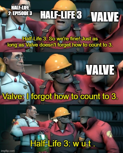 I know people have made jokes like this to death but I need a way to show off this new meme template so here. | HALF-LIFE 2: EPISODE 3; VALVE; HALF-LIFE 3; Half-Life 3: So we're fine! Just as long as Valve doesn't forget how to count to 3. VALVE; Valve: I forgot how to count to 3. Half-Life 3: w u t . | image tagged in i teleported bread,half-life,valve | made w/ Imgflip meme maker