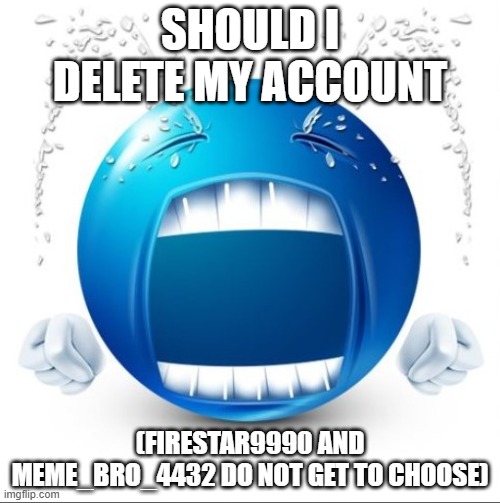 Crying Blue guy | SHOULD I DELETE MY ACCOUNT; (FIRESTAR9990 AND MEME_BRO_4432 DO NOT GET TO CHOOSE) | image tagged in crying blue guy | made w/ Imgflip meme maker