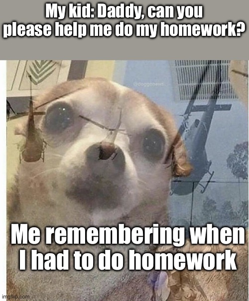 I haven’t reached adulthood yet, but I’m sure this kind of situation will happen | My kid: Daddy, can you please help me do my homework? Me remembering when I had to do homework | image tagged in ptsd chihuahua,memes,funny,ptsd,flashback | made w/ Imgflip meme maker