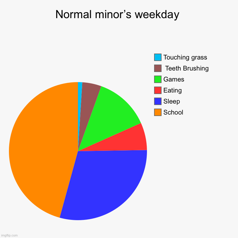 Normal minor’s weekday | School, Sleep, Eating, Games,  Teeth Brushing , Touching grass | image tagged in charts,pie charts,true,school meme,funny,day in life | made w/ Imgflip chart maker