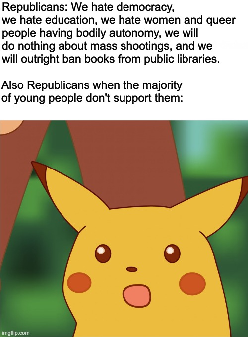 Stop being so cartoonishly evil, and maybe your party will still be politically viable in the next 50 years. | Republicans: We hate democracy, we hate education, we hate women and queer people having bodily autonomy, we will do nothing about mass shootings, and we will outright ban books from public libraries. Also Republicans when the majority of young people don't support them: | image tagged in surprised pikachu high quality,republicans,mass shooting,democracy,fascism | made w/ Imgflip meme maker