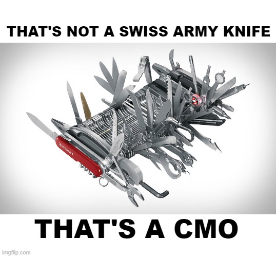 CMO | THAT'S NOT A SWISS ARMY KNIFE; THAT'S A CMO | image tagged in super swiss army knife,marketing,multitasking | made w/ Imgflip meme maker