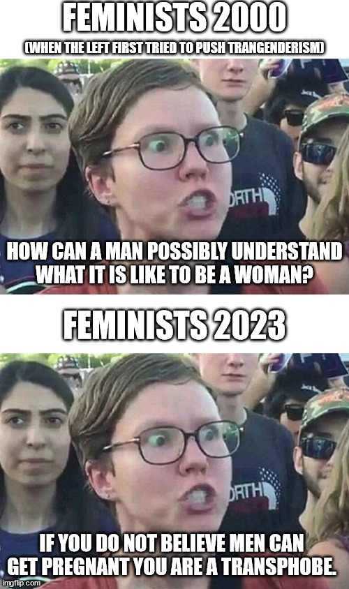 Who is making these universal decisions to, overnight, reverse course on these new bizarre ideas? | FEMINISTS 2000; (WHEN THE LEFT FIRST TRIED TO PUSH TRANGENDERISM); HOW CAN A MAN POSSIBLY UNDERSTAND WHAT IT IS LIKE TO BE A WOMAN? FEMINISTS 2023; IF YOU DO NOT BELIEVE MEN CAN GET PREGNANT YOU ARE A TRANSPHOBE. | image tagged in triggered liberal,overnight change,is this lefts meaning of change | made w/ Imgflip meme maker