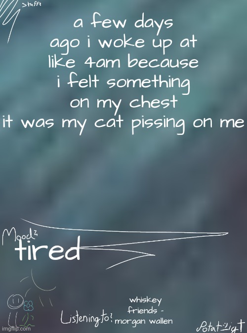 balls | a few days ago i woke up at like 4am because i felt something on my chest
it was my cat pissing on me; tired; whiskey friends - morgan wallen | image tagged in i ate children for breakfast | made w/ Imgflip meme maker