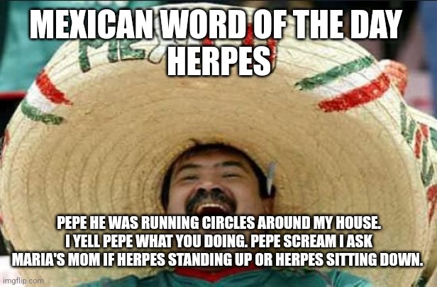 mexican word of the day | MEXICAN WORD OF THE DAY 
HERPES; PEPE HE WAS RUNNING CIRCLES AROUND MY HOUSE. I YELL PEPE WHAT YOU DOING. PEPE SCREAM I ASK MARIA'S MOM IF HERPES STANDING UP OR HERPES SITTING DOWN. | image tagged in mexican word of the day | made w/ Imgflip meme maker