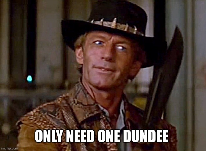 Crocodile Dundee Knife | ONLY NEED ONE DUNDEE | image tagged in crocodile dundee knife | made w/ Imgflip meme maker