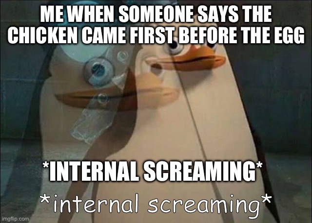 Isn’t this relatable? | ME WHEN SOMEONE SAYS THE CHICKEN CAME FIRST BEFORE THE EGG; *INTERNAL SCREAMING* | image tagged in private internal screaming,relatable,chicken,egg,which-came-first-the-chicken-or-the-egg,jokes | made w/ Imgflip meme maker
