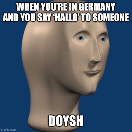 meme man | WHEN YOU’RE IN GERMANY AND YOU SAY ‘HALLO’ TO SOMEONE; DOYSH | image tagged in meme man | made w/ Imgflip meme maker