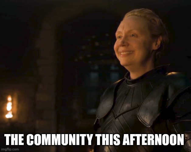 Brienne of Tarth Knighted | THE COMMUNITY THIS AFTERNOON | image tagged in brienne of tarth knighted | made w/ Imgflip meme maker