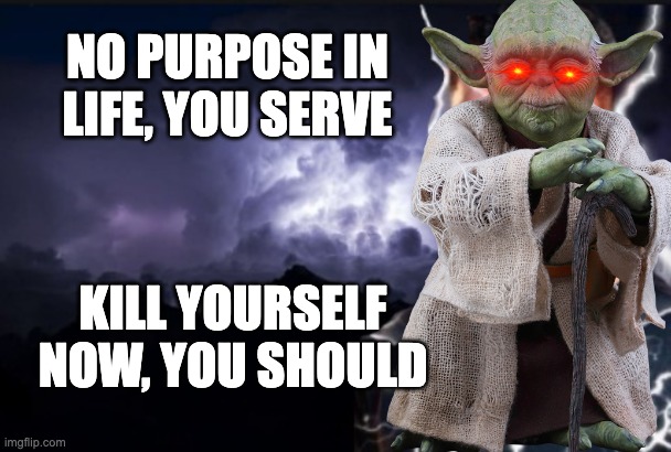 swag yoda | NO PURPOSE IN LIFE, YOU SERVE; KILL YOURSELF NOW, YOU SHOULD | image tagged in you should kill yourself now | made w/ Imgflip meme maker