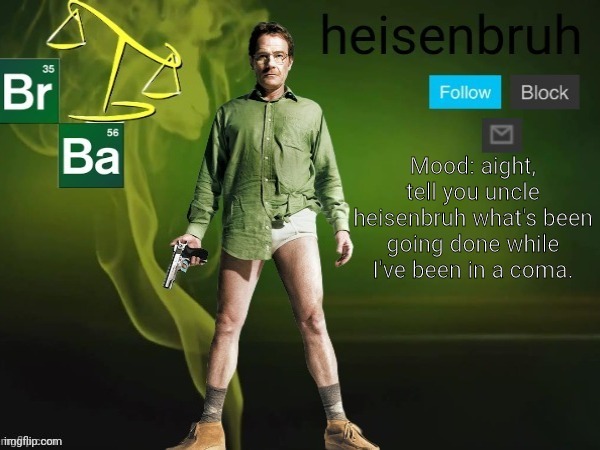 plz tell. I have diarrhea still. | image tagged in heisenbruh,coma,what happened | made w/ Imgflip meme maker