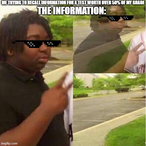 No, but fr tho | ME TRYING TO RECALL INFORMATION FOR A TEST WORTH OVER 50% OF MY GRADE; THE INFORMATION: | image tagged in disappearing | made w/ Imgflip meme maker