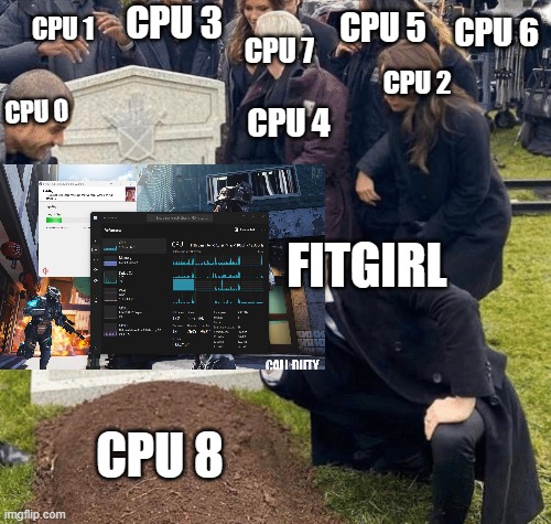 Grant Gustin over grave | CPU 3; CPU 5; CPU 6; CPU 1; CPU 7; CPU 2; CPU 0; CPU 4; FITGIRL; CPU 8 | image tagged in grant gustin over grave | made w/ Imgflip meme maker