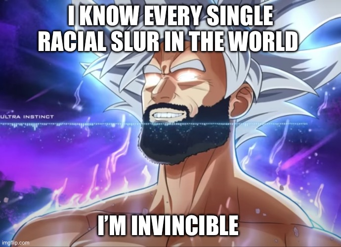 Tera Chad | I KNOW EVERY SINGLE RACIAL SLUR IN THE WORLD; I’M INVINCIBLE | image tagged in tera chad | made w/ Imgflip meme maker