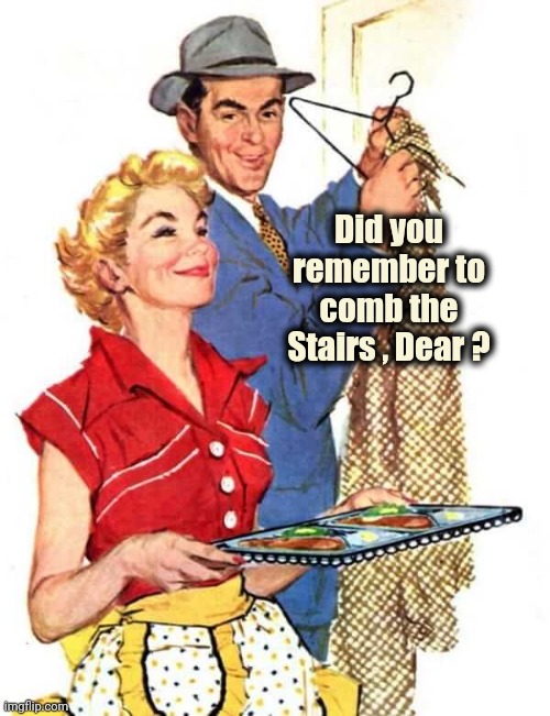 1950s Housewife | Did you remember to comb the Stairs , Dear ? | image tagged in 1950s housewife | made w/ Imgflip meme maker