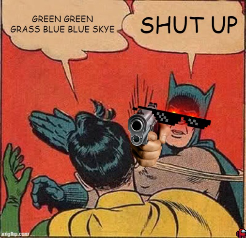 Batman Slapping Robin | GREEN GREEN GRASS BLUE BLUE SKYE; SHUT UP | image tagged in memes,batman slapping robin | made w/ Imgflip meme maker
